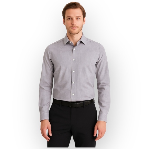 EUC Calvin Klein Slim Fit Dress Shirt L – Microcheck Gray Cotton Button-Up 0930 - Picture 1 of 6